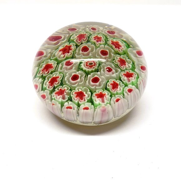 Millefiori Paperweight Glass White Red Green Flowers Handmade - Picture 4 of 5